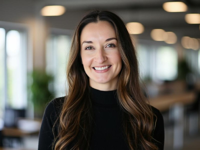 Heley Babrak in a black top, smiling in a comfortable office setting